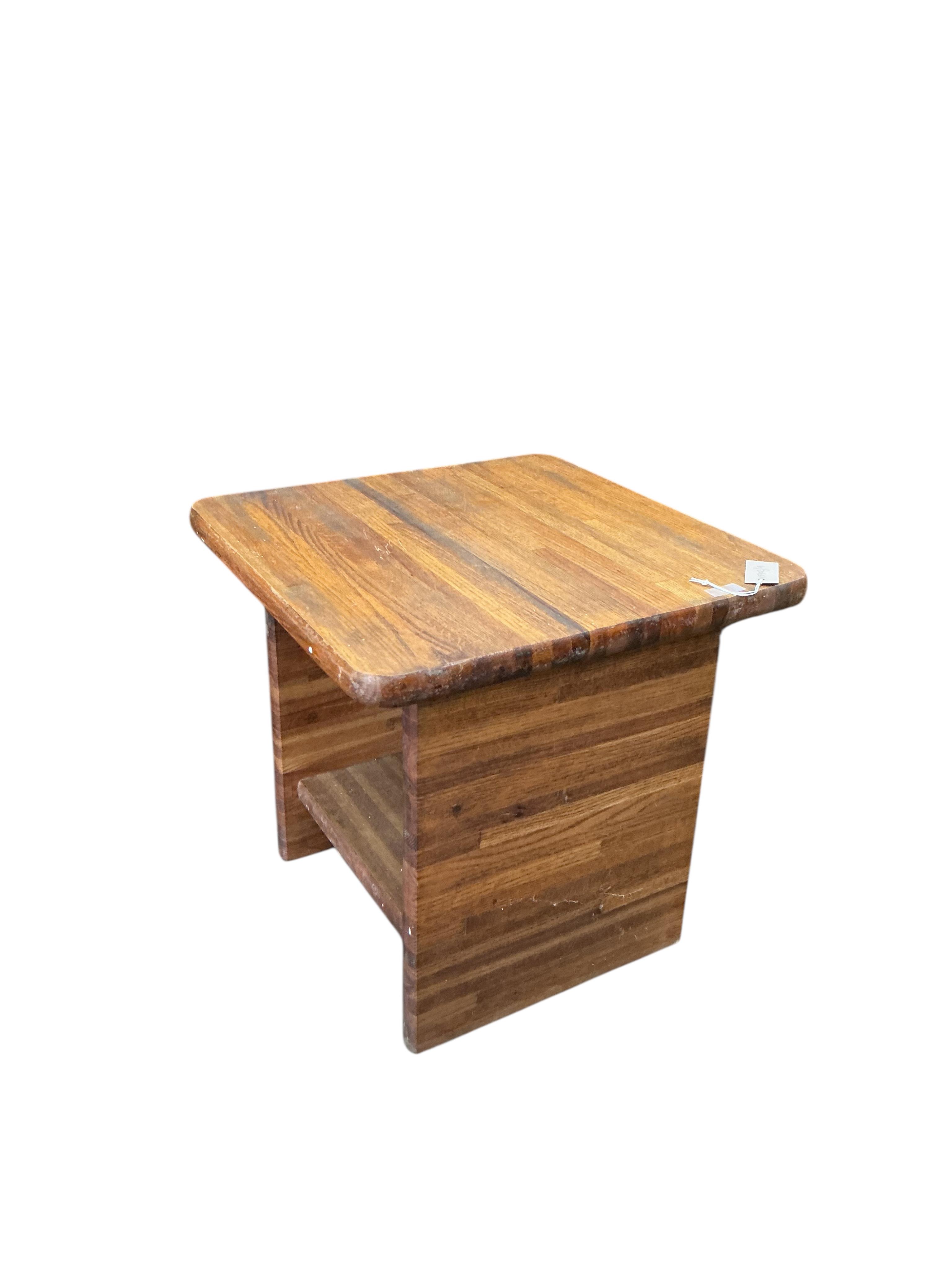 A mid century square oak two tier occasional table, 56cm, height 55cm